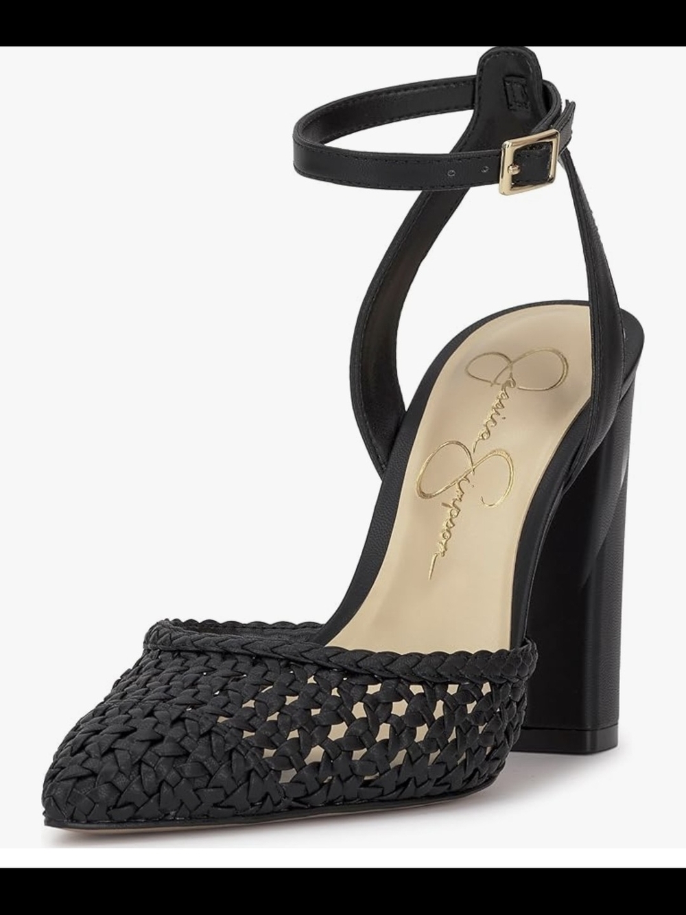Jessica Simpson Black Woven Pointed-Toe Ankle-Strap Block Heel